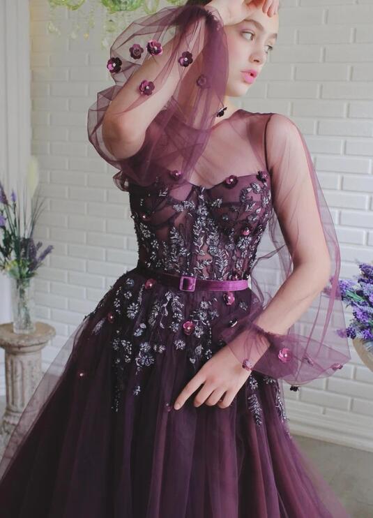 Elegant Evening Dresses Jewel Neck Lace 3D Floral Appliques Beaded Prom Dress Sweep Train Long Sleeves Formal Party Gowns
