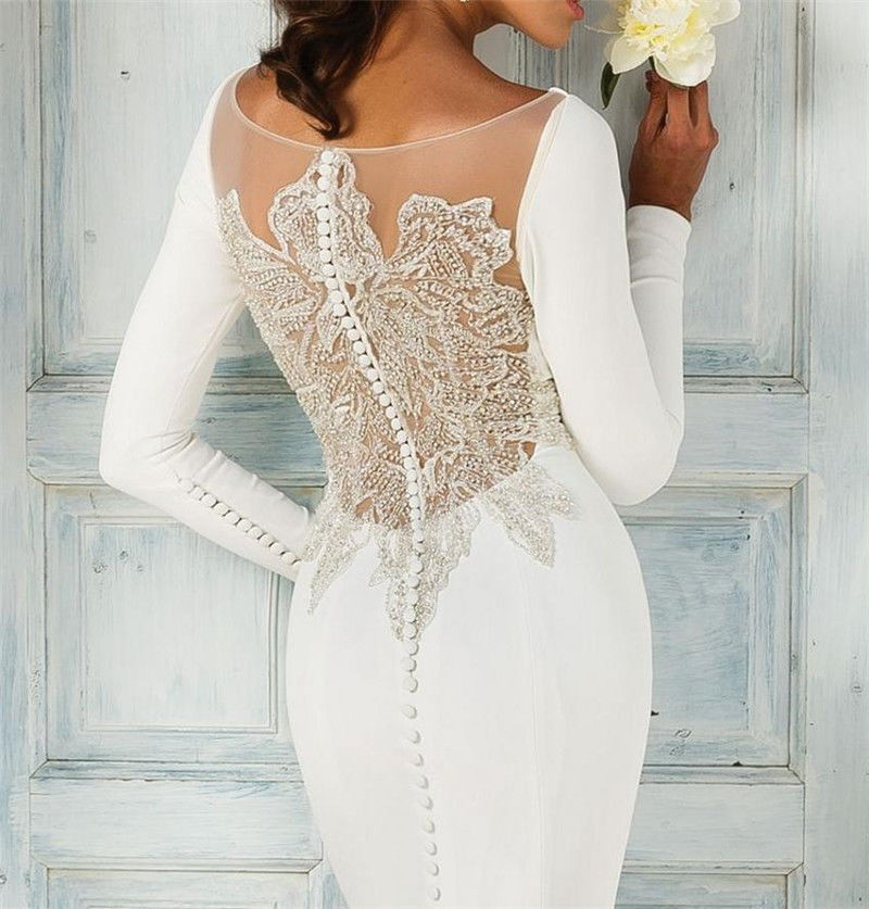 Beaded Sheer Back Wedding Dresses Mermaid Bridal Gowns Long Sleeves Sweep Train Satin Garden Beach Wedding Dress Plus Size