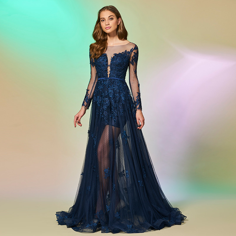 Elegant Navy Blue Lace A Line Prom Dresses Custom Long Sleeve Evening Sweep Train Sheer Neck Party Gowns Robe De Mariée