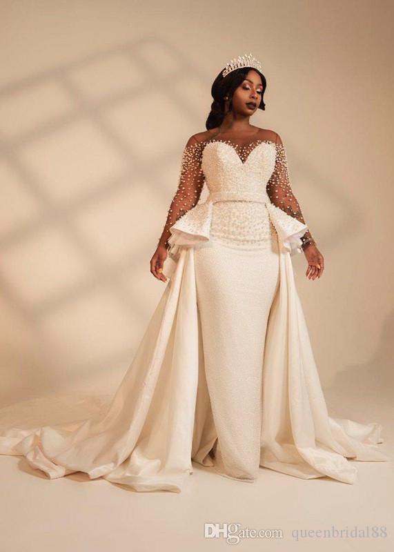 2019 African Plus Size Wedding Dresses With Overskirts Sheer Neck Long Sleeves Bridal Gowns South African Trumpet Wedding Dress