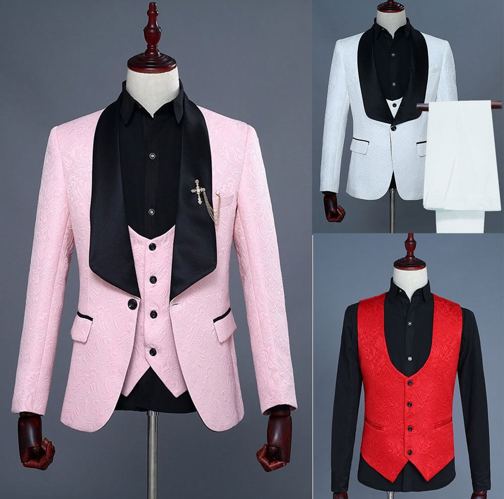 Handsome Mens Suits Jacquard Prom Party Tuxedos Shawl Lapel Groom Wedding 3 Piece Formal Suits Top Quality