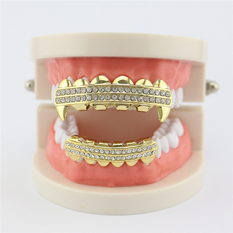 Punk Gold Teeth Grillz 2 Row Iced Out Grills Dental Hip Hop Vampire Fangs Teeth Caps Halloween Party Body Jewelry