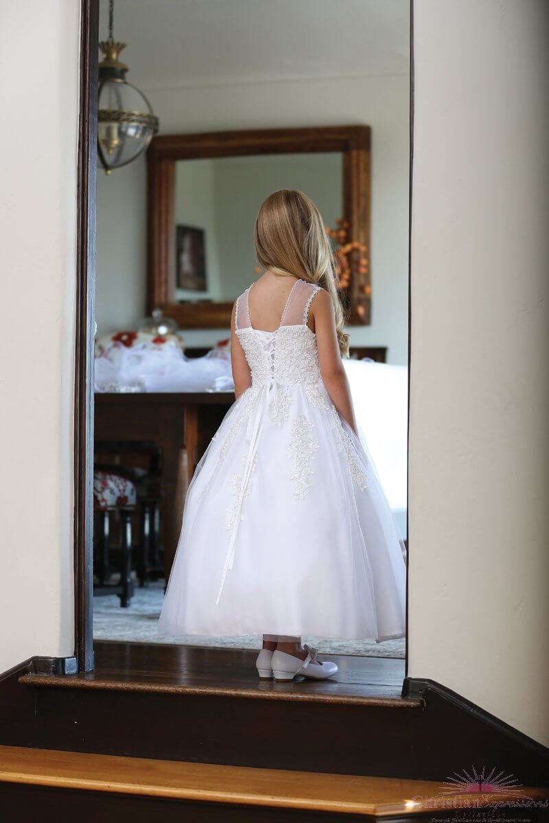 Simple White Lace first holy communion dresses Sheer Neck Top Lace Flower Girls Dresses Corset Backless ankle length Catholic Beaded Pageant