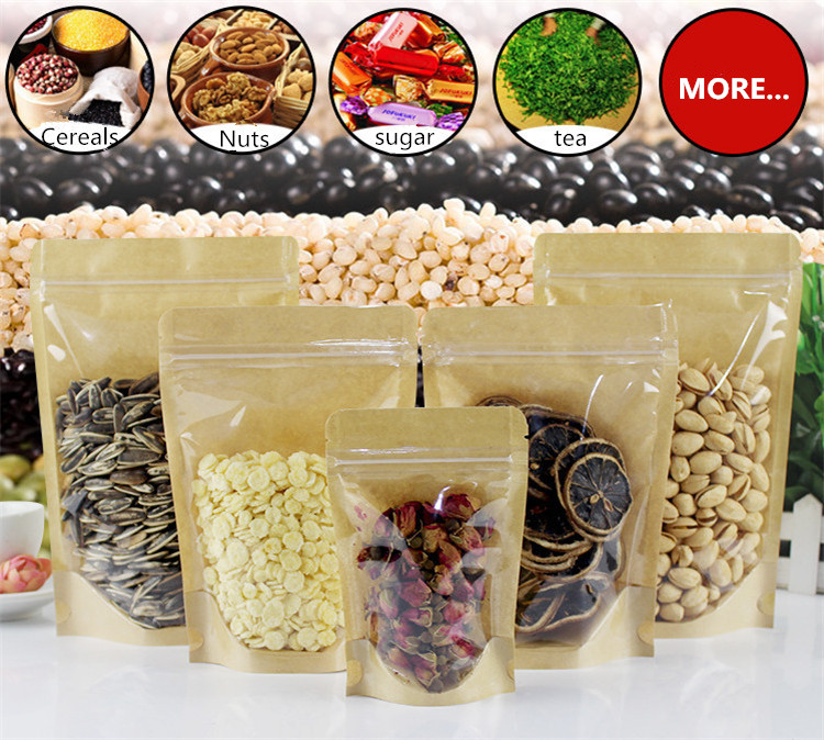 100pcs Thick Clear Front Kraft Paper Stand up Storage Bags One Side Clear Coffee Beans Dried Fruit Bakery Snack Party Candy Xmas Gifts Resealable Zipp