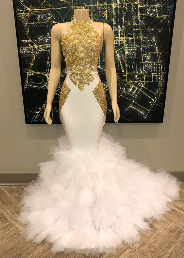 White Mermaid Prom Dresses Hlater Lace Appliqued Beads Sexy Backless Evening Gowns Tiered Skirts Real Picture Formal Party Dress