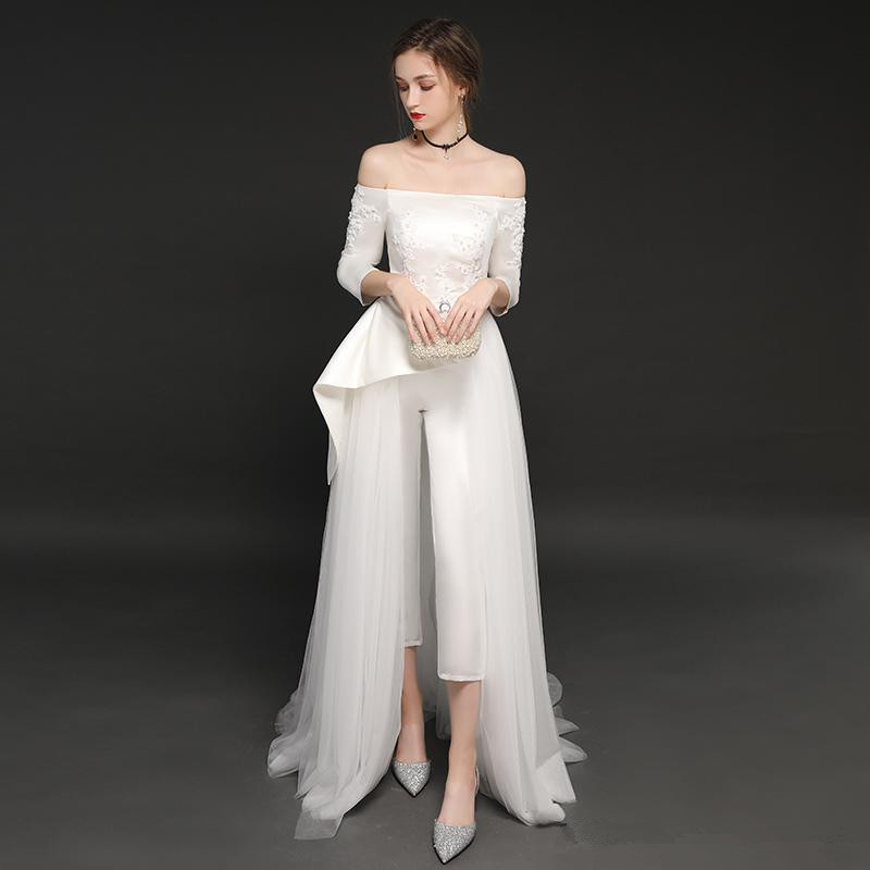 Off The Shoulder 2020 Jumpsuits Wedding Dress Lace Appliqued Beads Vestido De Noiva Boho Long Sleeve Pants Wedding Dresses Bridal Gowns