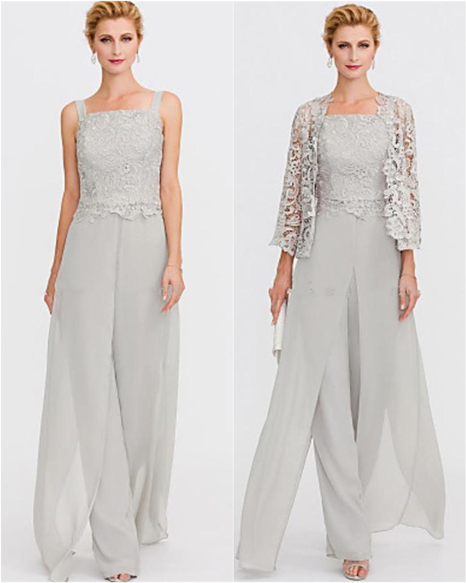 New Elegant Pant Suits Straps Long Chiffon Lace Mother of the Bride Dress Split Front Jumpsuit Formal Guest Evening Wear Gowns