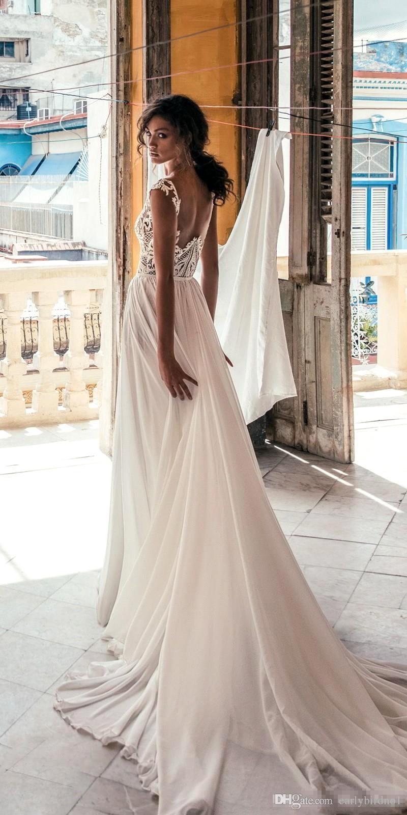 Beach Sexy Amazing Dresses Deep V Neck Side High Slit Lace Appliqued Illusion Bodice Bohomian Wedding Bridal Gowns Vestido De Noiva estido