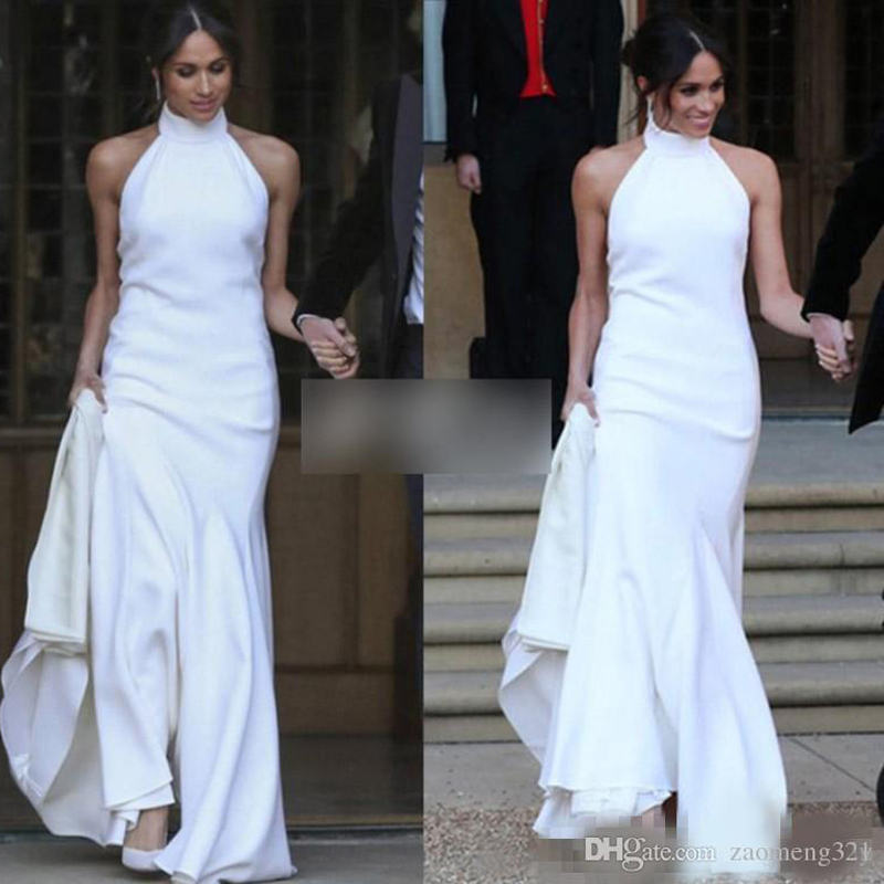 2020 White Mermaid Wedding Dresses Prince Harry Meghan Markle Wedding party Gowns Halter Soft Satin Wedding Recept Dress