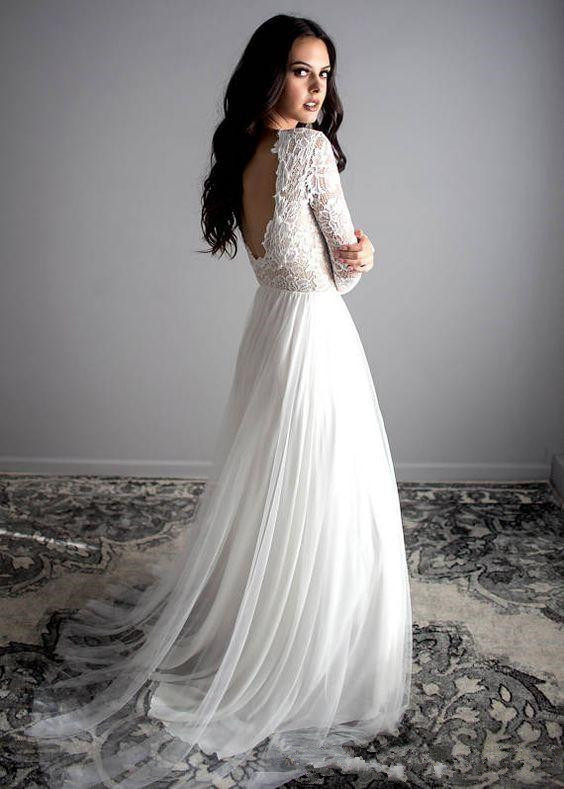 bohemian long sleeves lace tulle backless outdoor bridal dresses vintage wedding gowns vestidos de novia