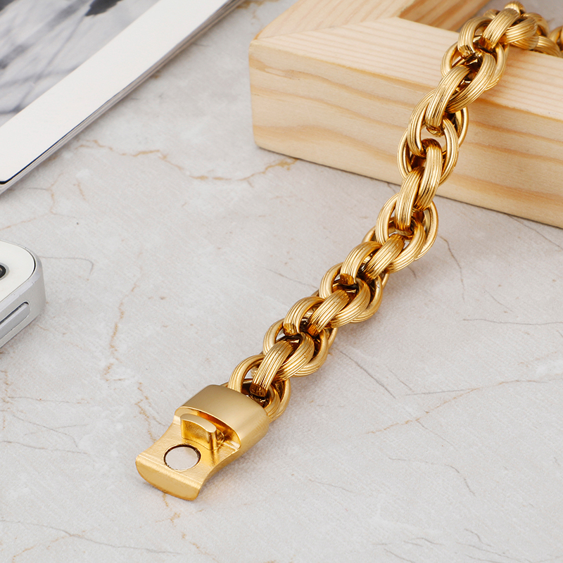 Hip Hop Stainless Steel 18K Gold Plaated Chain Bracelets European and American Cool Men Thick Heavy Titanium Steel Bangle