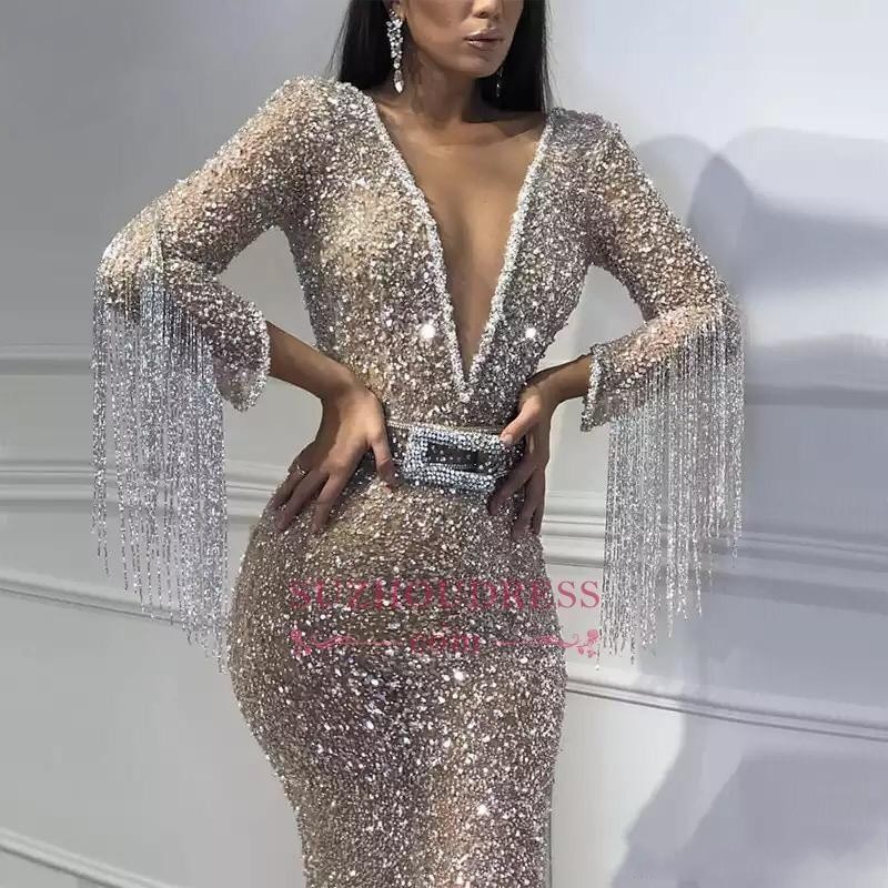 Sparkly Sequins Mermaid Evening Dresses 2019 Sexy Tassels Peals Party Cocktail Gown Sexy Formal Pageant Prom Dresses Custom Made