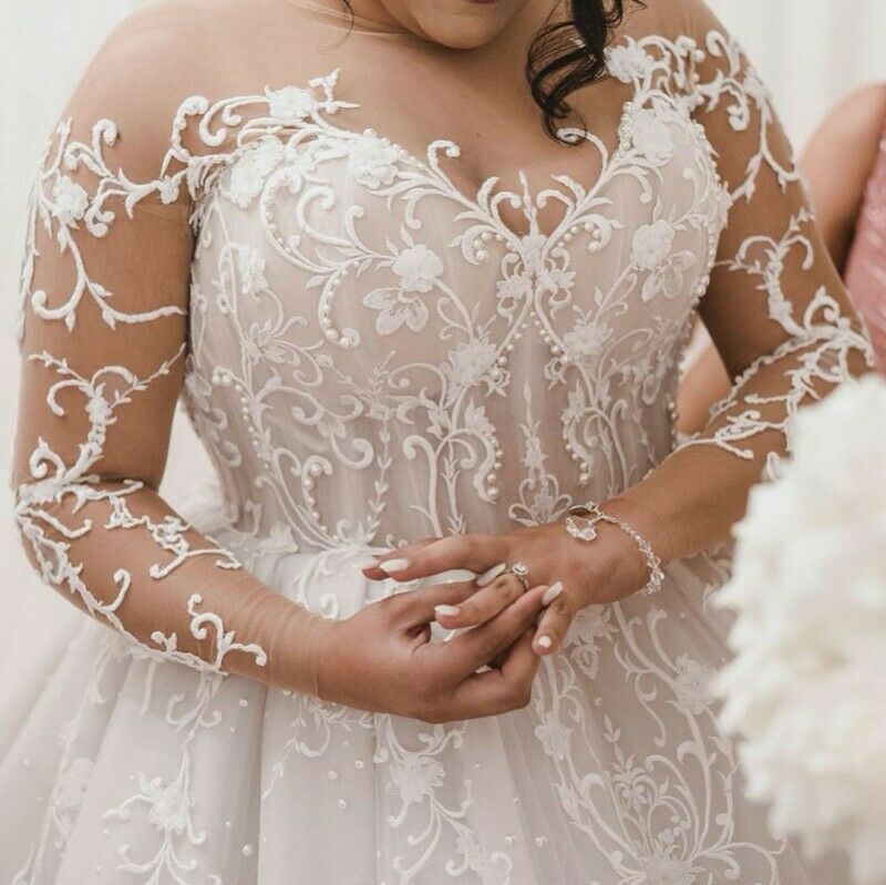 Plus Size Wedding Dresses Bridal Gowns A Line Long Sleeve Lace Beach Country Appliqued Beads Wedding Dress Robe De Mariee