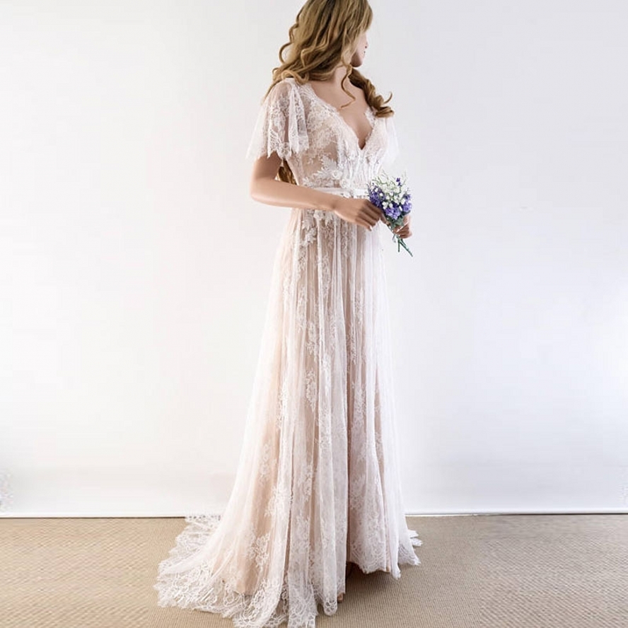 New Boho Wedding Dress 2020 V Neck Cap Sleeve Lace Beach Wedding Gown Cheap Backless Custom Made Bride Dresses robe de mariage