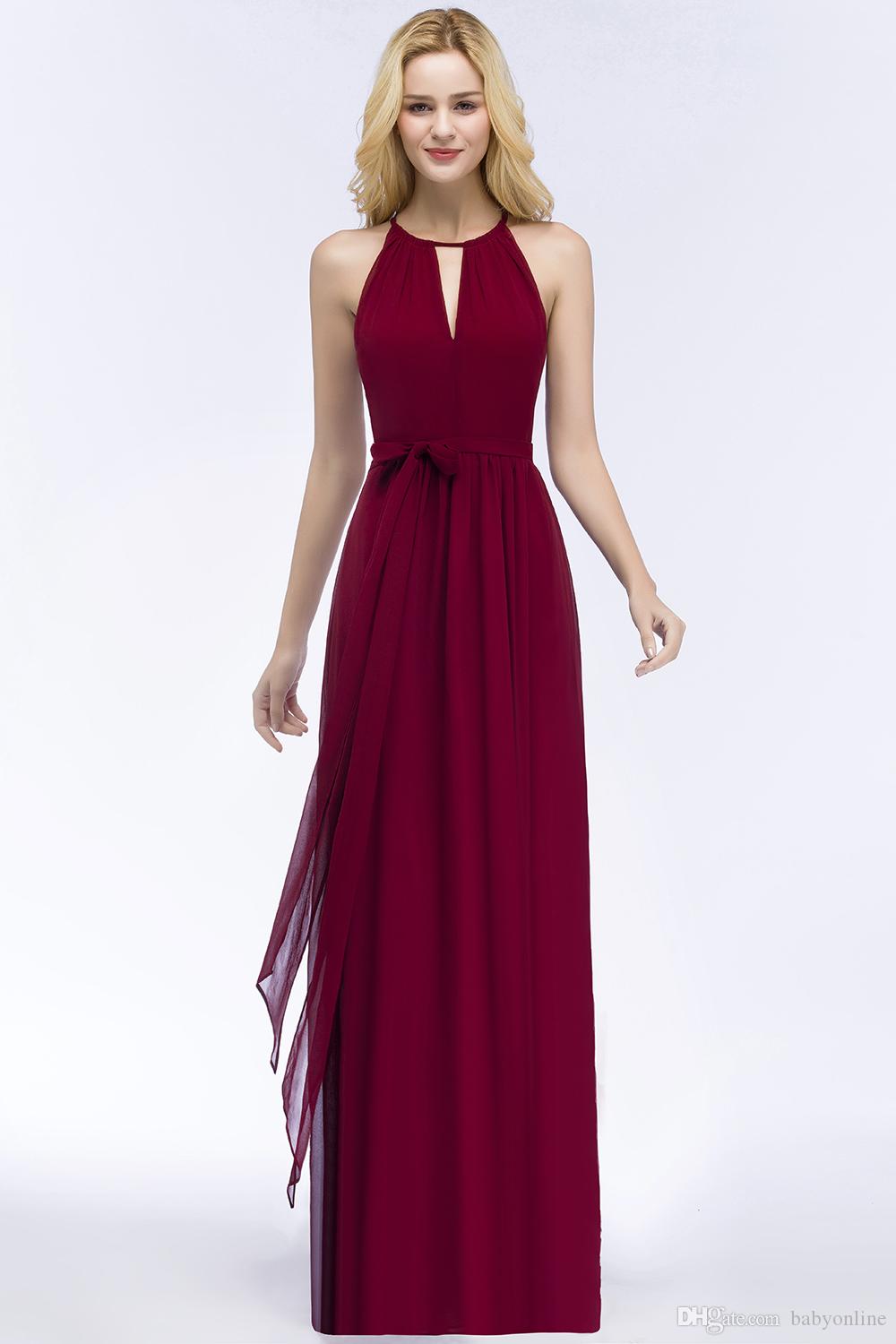 New Arrival Bury Chiffon Bridesmaid Dress Length Pleats Evening Prom Gowns Sexy Halter Neck With Belt Cps868