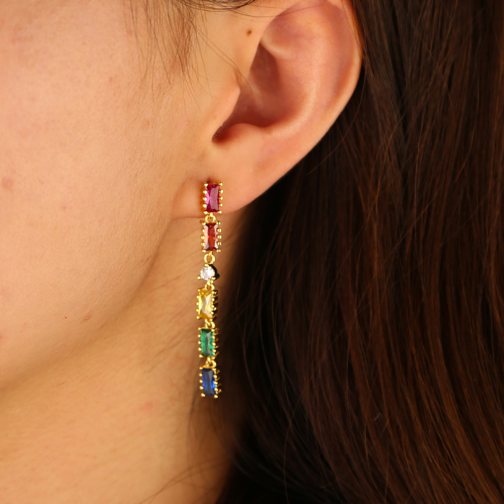 long tassel drop earring rainbow baguette cz link chain geometric fashion gorgeous women jewelry
