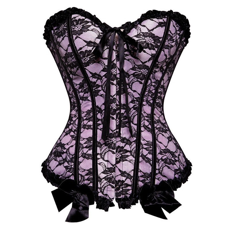 Elegant Women's Lace Overlay Jacquard Frill Lacy Corset Top Sexy Plus Size S-6XL Burlesque Lace-up Overbust Club Dance Party Corset Bustier