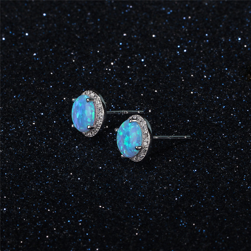 New Simple 925 Sterling Silver Stud Earrings Round Blue Fire Opal Earrings with Cubic Zirconia Wedding Jewelry Gift