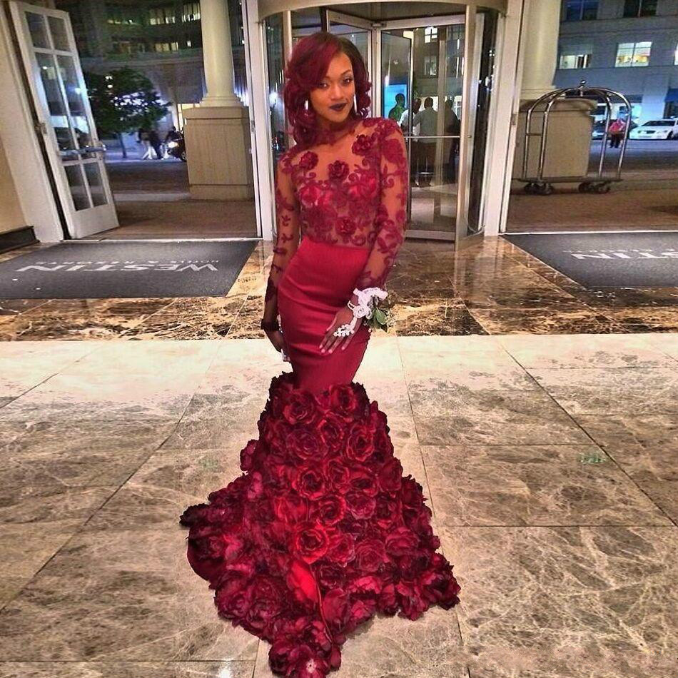 Elegant Maroon black girls mermaid prom dresses open back sexy sheer top appliques long sleeve evening dress tight Rose Floral fishtail gown