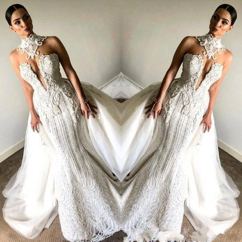 vintage mermaid overskirts wedding dresses new high neck sleeveless bridal gowns graceful french lace plus size wedding dress