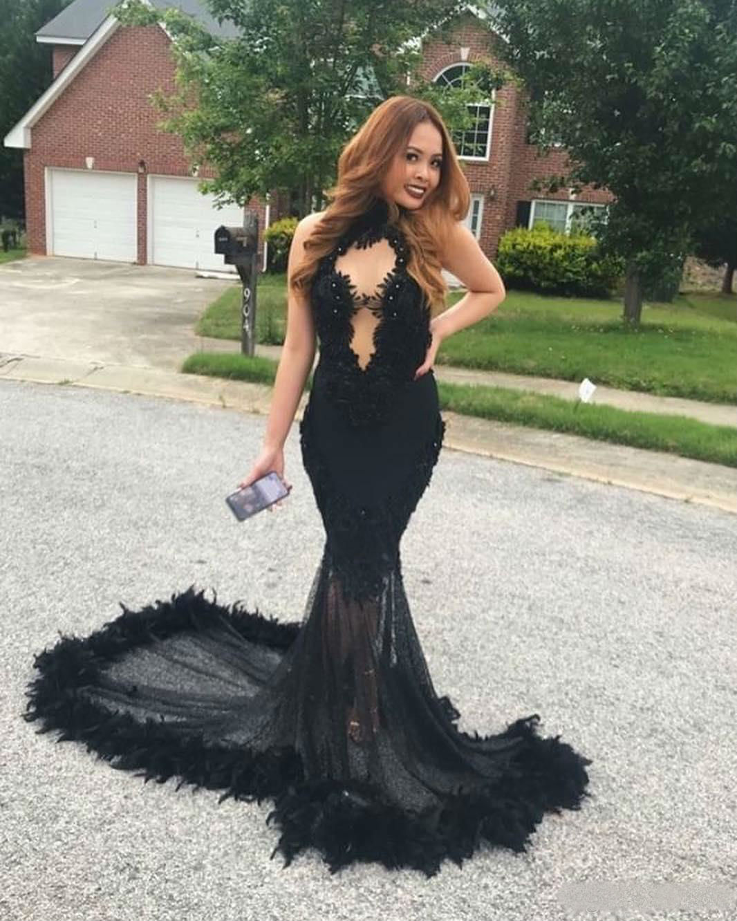 2019 Sexy Black Mermaid Prom Dresses with Feather High Neck Lace Appliques African Formal Evening Gowns Cocktail Party Dresses