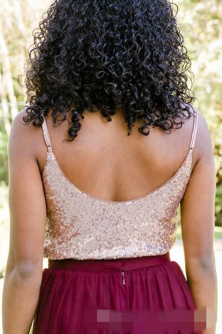 Simple Bury Bridesmaid Dresses Rose Gold Sequins Two Piece Halter Short Sleeves Maid Of Honor Gown Wedding Guest Formal Wear 403