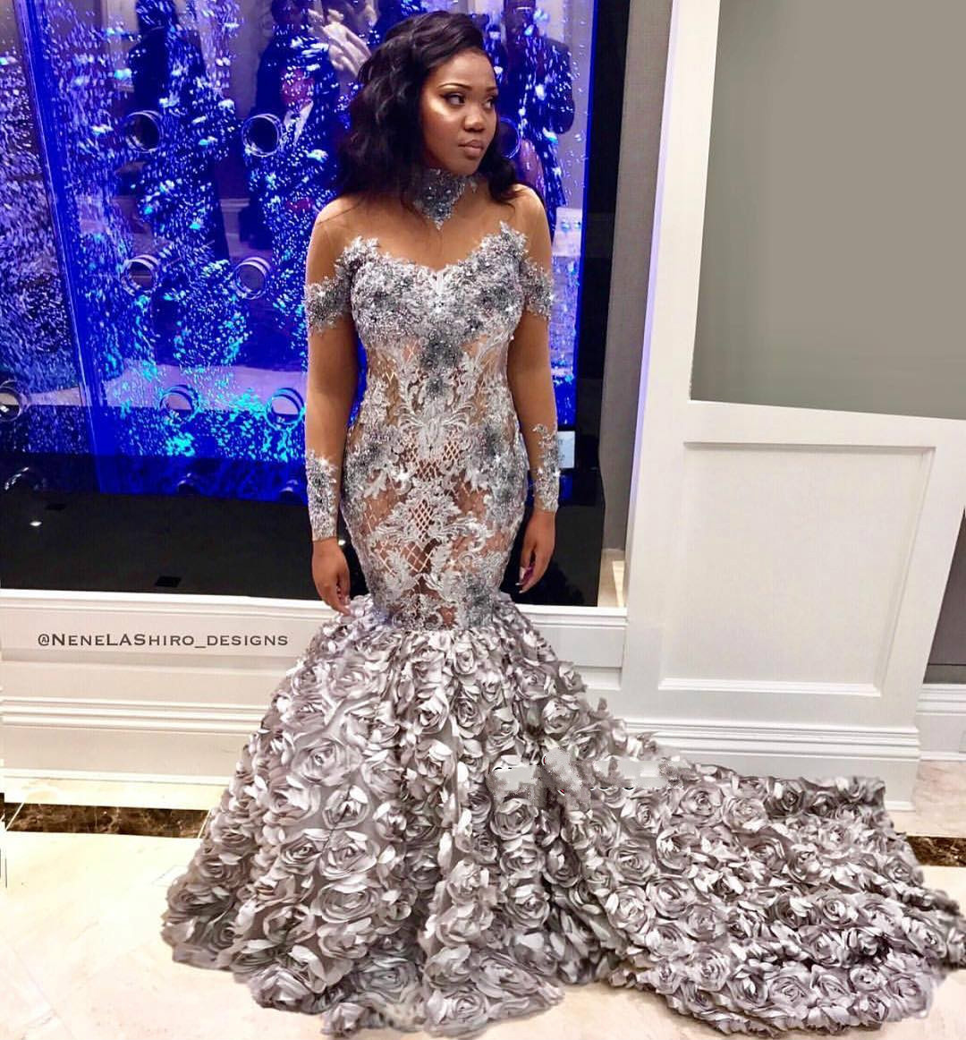 Silver Mermaid Evening Dresses High Neck Lace Appliqued Beads Long Sleeve Prom Dress Black Girl Formal Party Gowns Plus Size