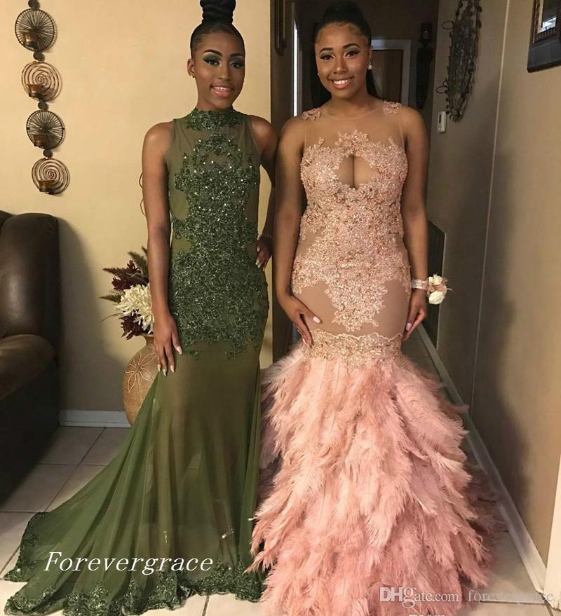 2019 Stylish Africa Blush Appliqued Long Prom Dress New Arrival Illusion Neck Feather Skirts Party Gown Custom Made Plus Size