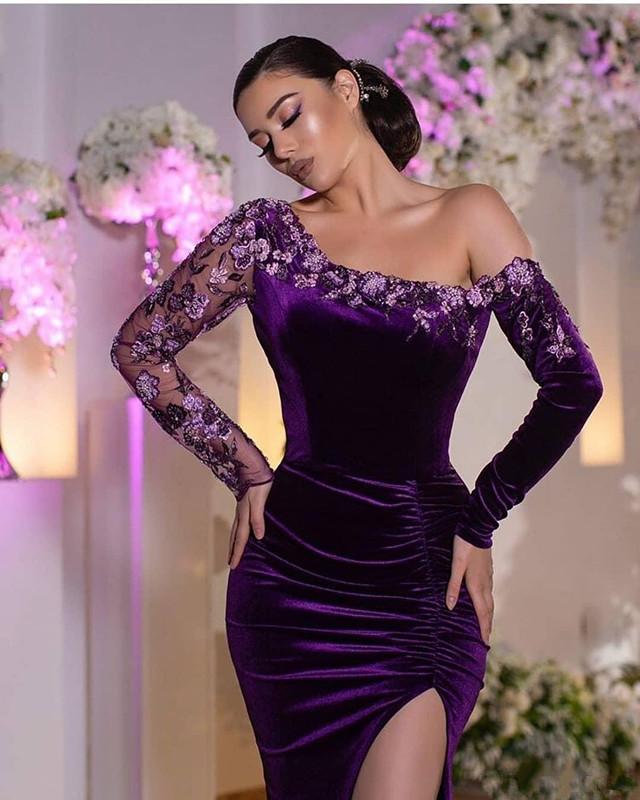 Purple Beaded Long Sleeve Prom Formal Dresses 2020 Lace Embroidery Sexy Slit Occasion Evening Dress robe de soiree Abendkleider