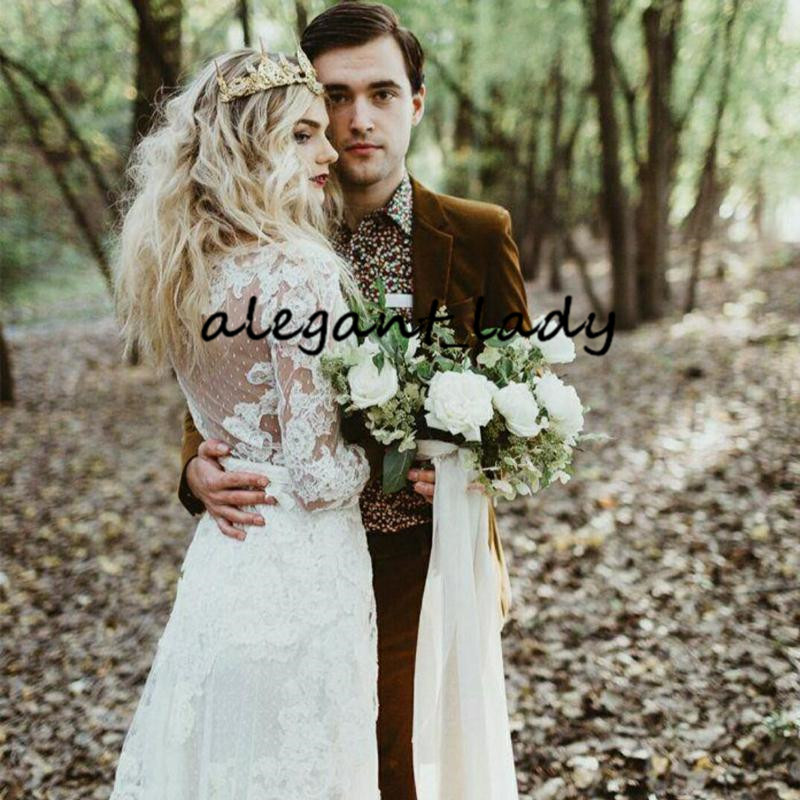 Vintage Bohemian Wedding Dresses with Long Sleeve 2020 Retro Lace Applique Hippie Countryside Bride Gown Split Vestido De Novia