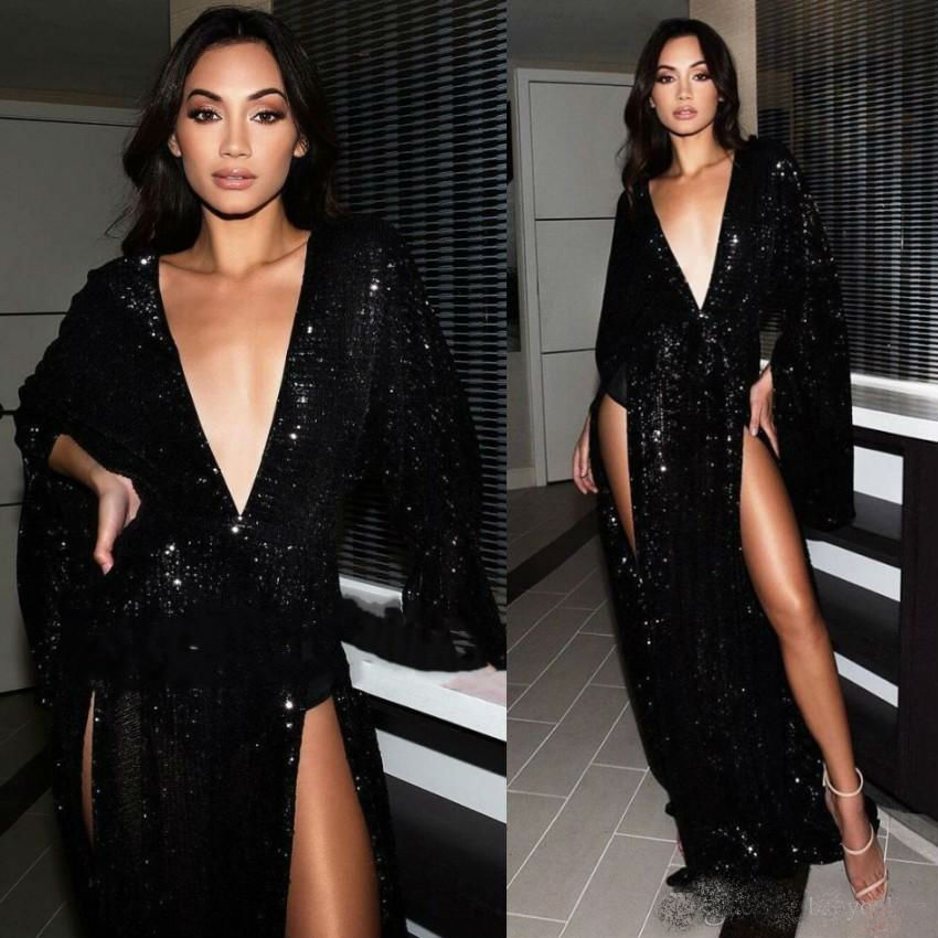 2019 Sexy Black Prom Dresses Thigh High Slits Long Sleeve Deep V Neck Sequined Evening Dress Custom Made Pageant Party Gowns Cheap