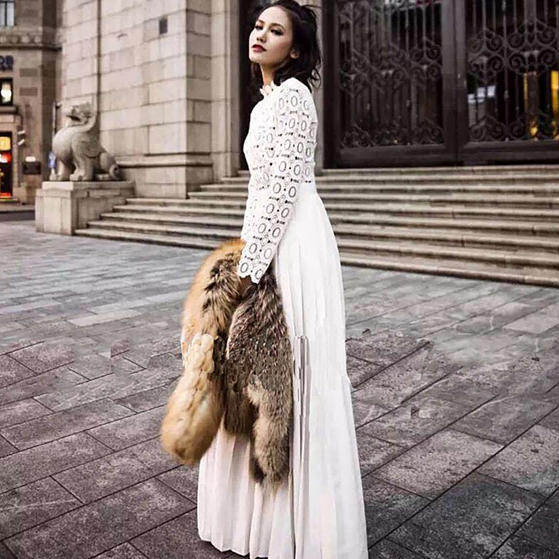 New design womens crochet hollow out lace floral long sleeve high waist patchwork pleated chiffon vent jag long dress