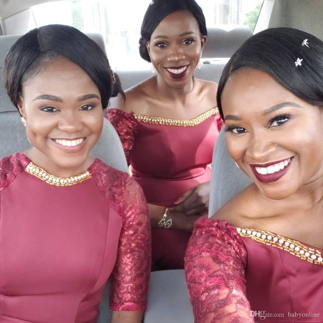 Nigerian Plus Size African Bury Bridesmaid Dresses Elegant Off Shoulder Mermaid Sequined Sleeve Long Maid Of Honor Gowns