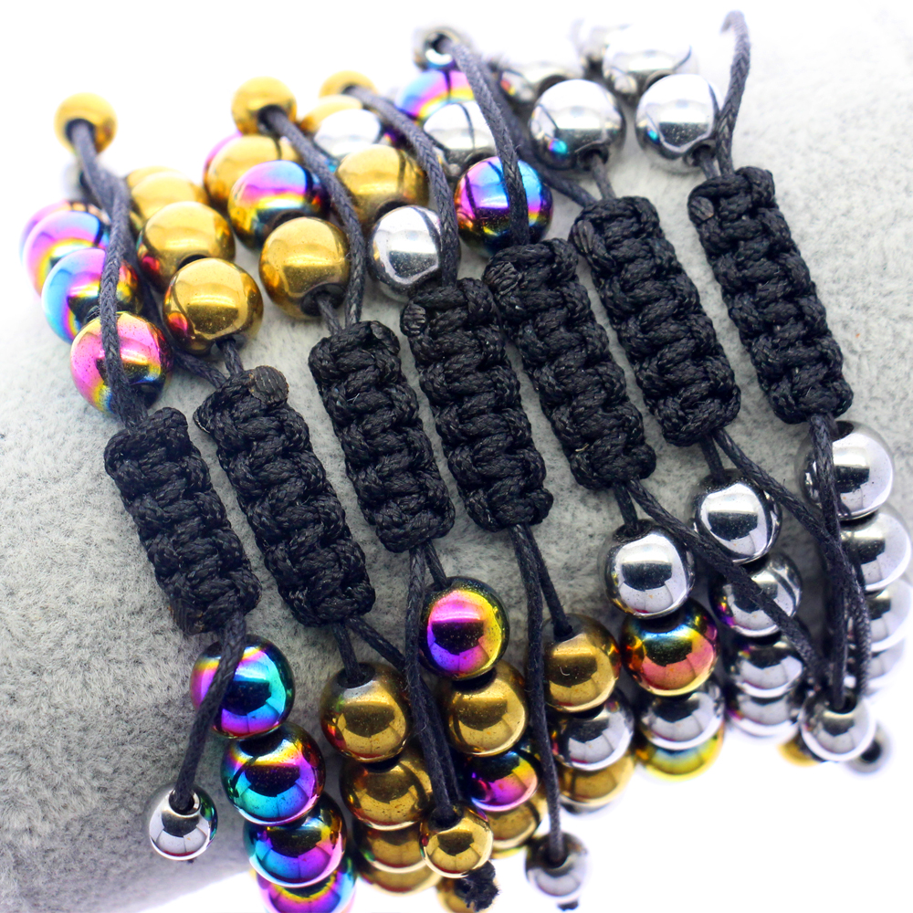 8 mm bead hematite string bracelet electroplated multi-color leather rope ring fashion creative