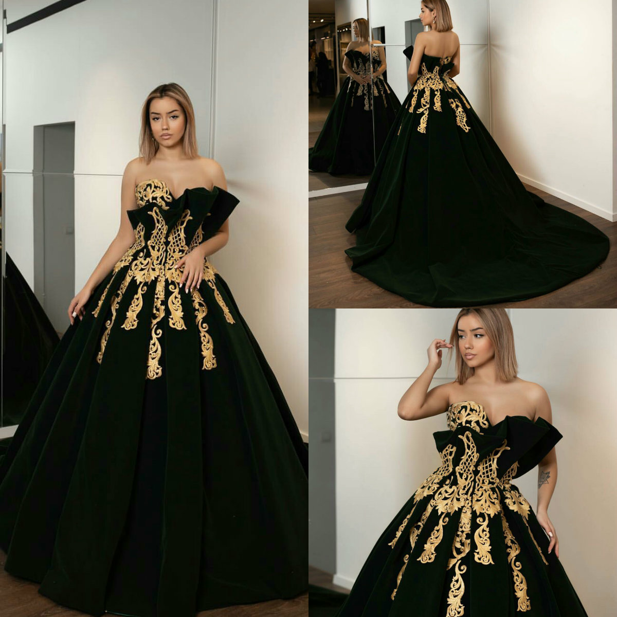 2019 Dark Green Prom Dresses Sweetheart Velvet Sweep Train Luxury Arabic Evening Dress Party Wear Plus Size Special Occasion Gowns