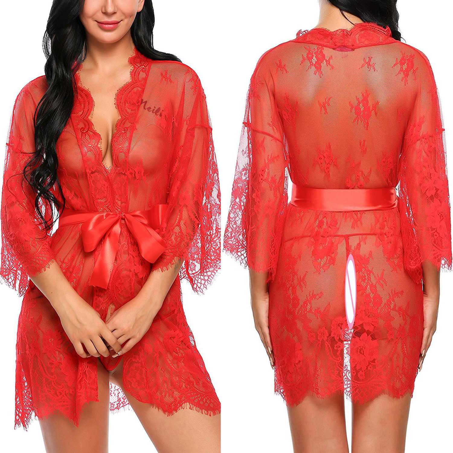 Sexy Women Lingerie Lace Night Dress Sleepwear Nightgown Bandage Deep V G-String See Through Sexy Sheer Sleep Dress 2019 Silky