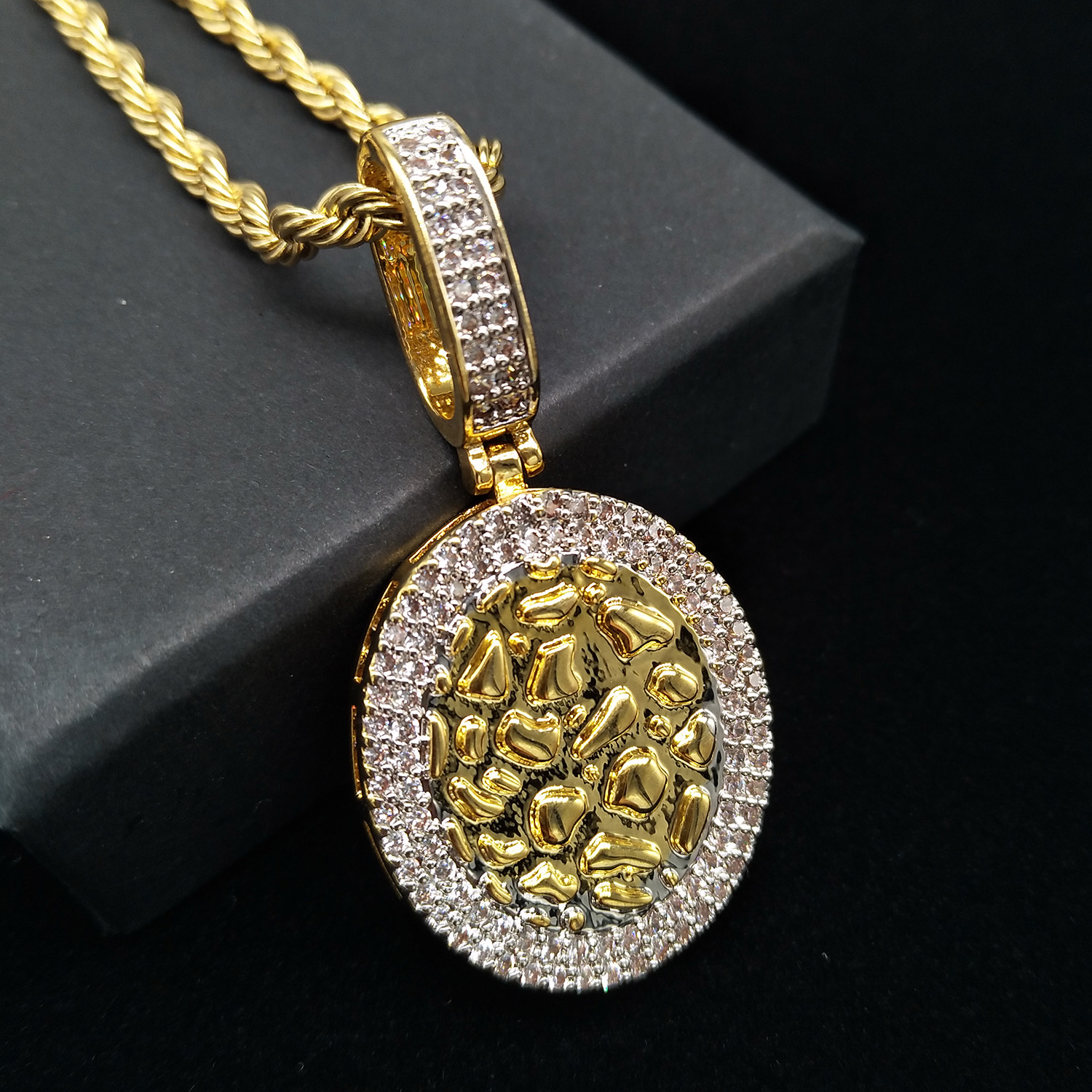 18K Gold & White Gold Plated Cubic Zirconia Round Gold Bullion Pendant Chain Necklace 24 inch Hip Hop Punk Rock Rapper Jewelry Gifts for Guy