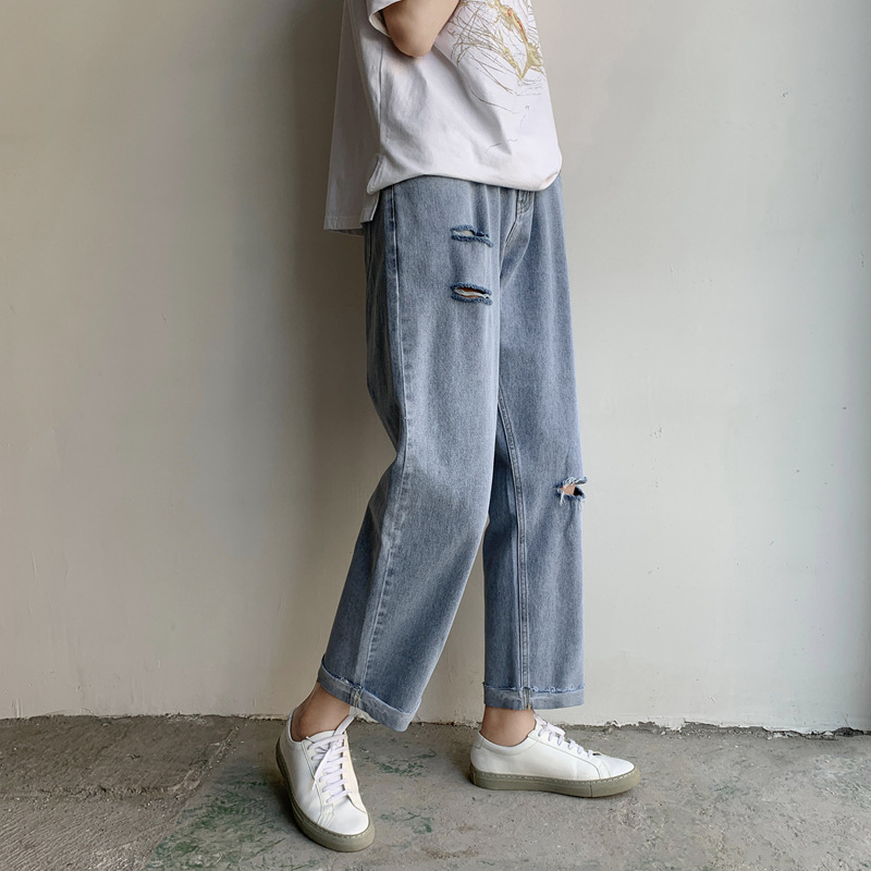 the new ins hole straight male Hong Kong feng shui wash jeans object easy feeling torre nine points wide-legged pants, Blue
the new ins hole straight male Hong Kong feng shui wash jeans object easy feeling torre nine points wide-legged pants, Blue