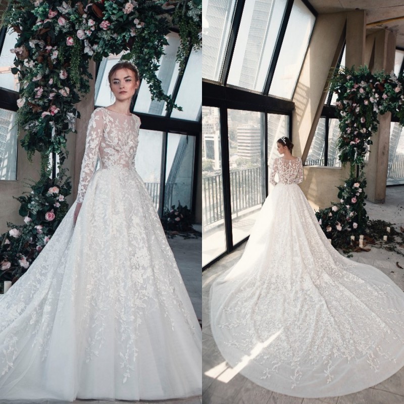 Tony Ward 2019 Wedding Dresses Long Sleeve Jewel Neck Lace Appliqued Bridal Gowns A Line Bohemian Beach Garden Wedding Dress