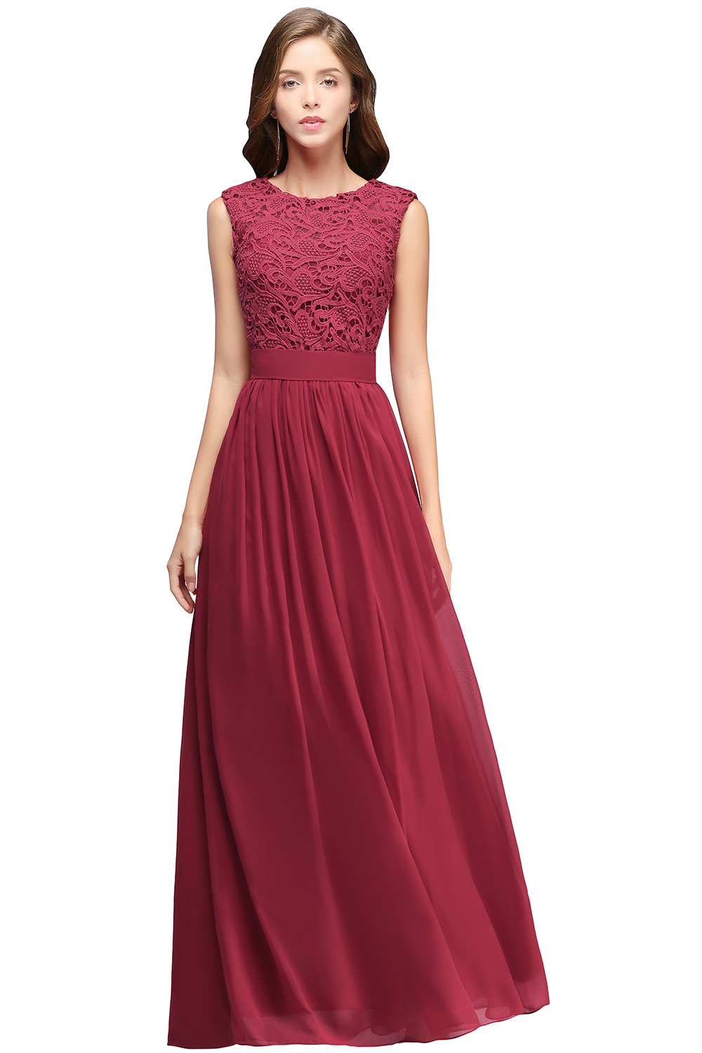 Sexy Jewel Sheer Neck Lace Long Evening Dress Robe De Soiree In Stock Bury Chiffon Appliques Formal Party Dresses Country Side Cps489
