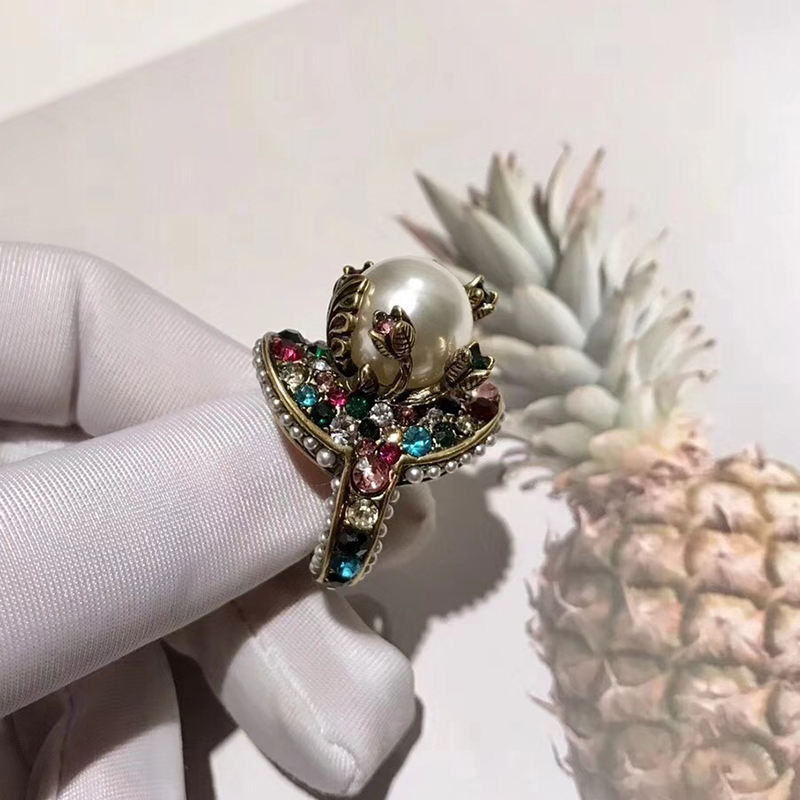 Wholesale-Brand Fashion Women Vintage Brass Rings Big Pearl Crystal Party Rings Vintage Big Colorful Crystal 678#