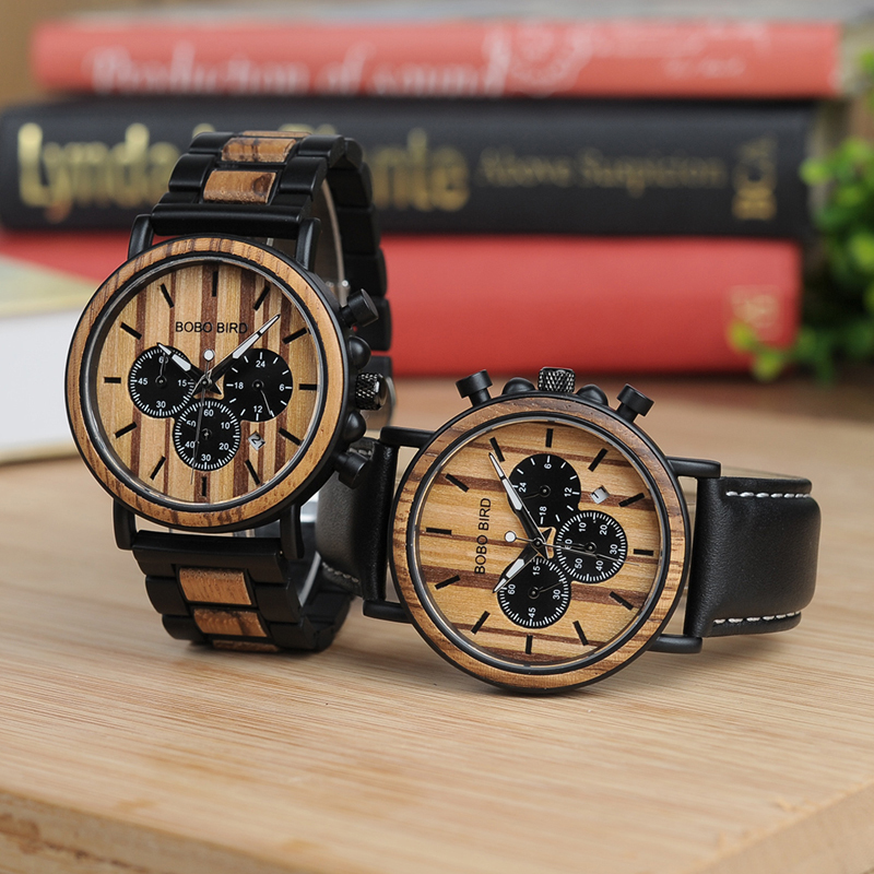 Bobo Bird P09 Wood And Stainless Steel Watches Luminous Hands Stop Watch Mens Quartz Wristwatches In Wooden Box Dropshipping Y19051403