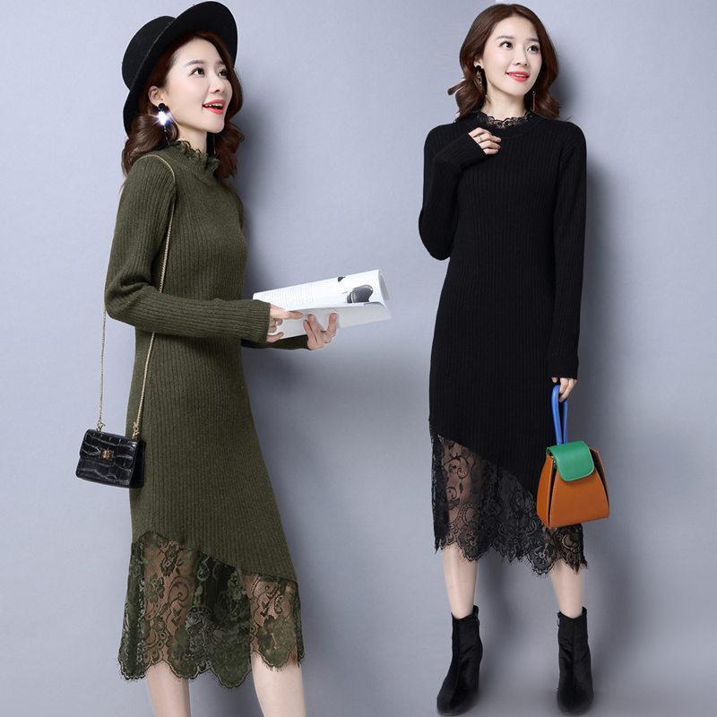 Women Long Sweater High Collar Sweater Winter Knitting Lace Patchwork Sweaters Skirt Large Size Bottoming, Green
Women Long Sweater High Collar Sweater Winter Knitting Lace Patchwork Sweaters Skirt Large Size Bottoming, Green