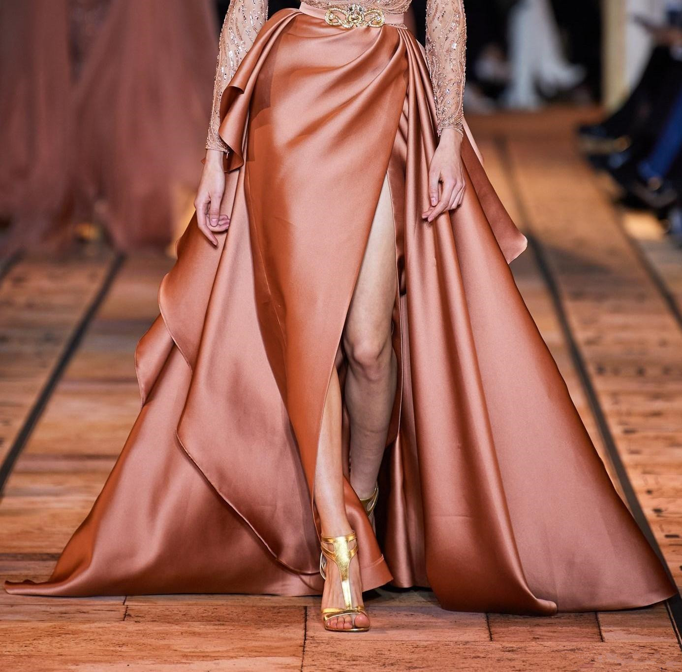 Zuhair Murad 2020 Satin Split Prom Dresses 2020 Deep V Neck Long Sleeve Sequined Beads African Dress Evening Gowns