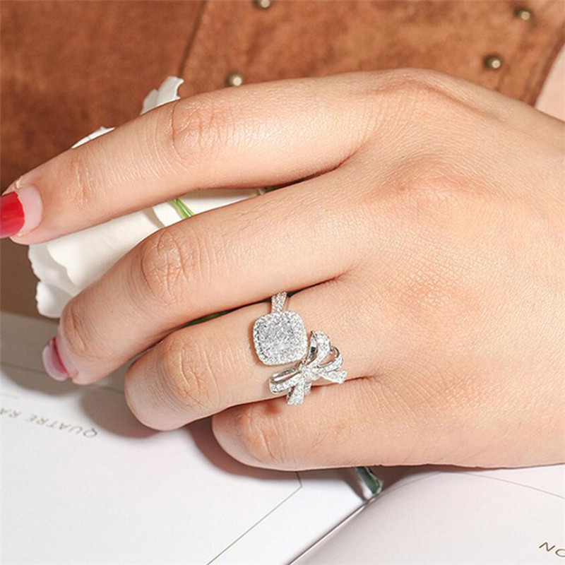 Choucong Brand New Luxury Jewelry 18K White Gold Fill Cushion Shape White Topaz CZ Diamond Gemstones Eternity Women Wedding Band Bow Ring