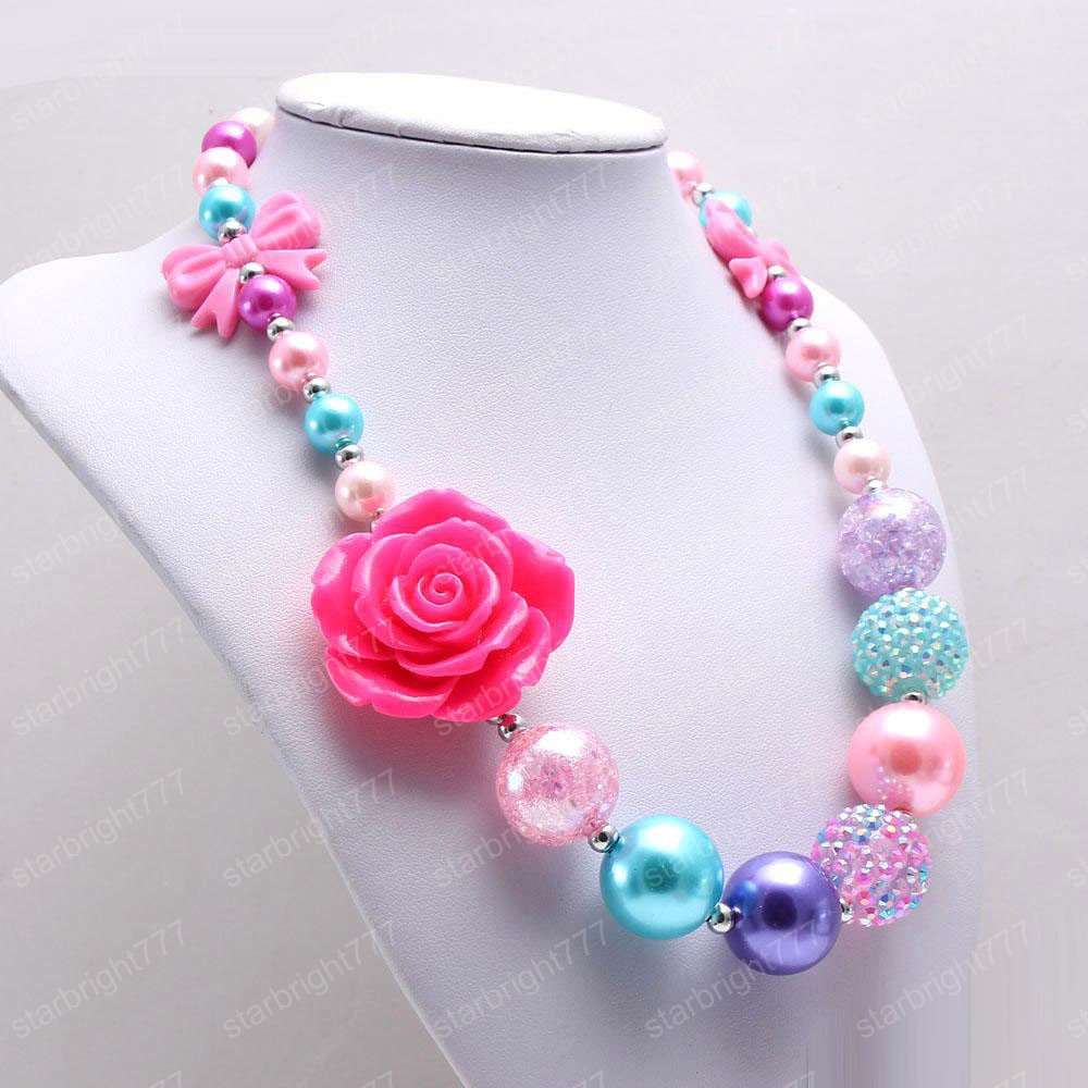 Pretty Bow Flower Kid Chunky Necklace Newest Arrivel Fashion Bubblegume Bead Chunky Necklace Jewelry For Baby Kid Girl