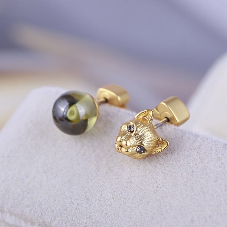 Fashion- cat head desigh and 06.cm asymmetric bead stud earring with nature green stone for women wedding jewelry gift free shippin