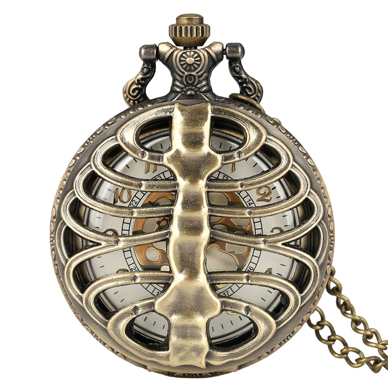 

Steampunk Skeleton Spine Ribs Hollow Out Quartz Pocket Watch Cool Vintage Necklace Pendant Clock Chain Mens Womens Gifts, Bronze