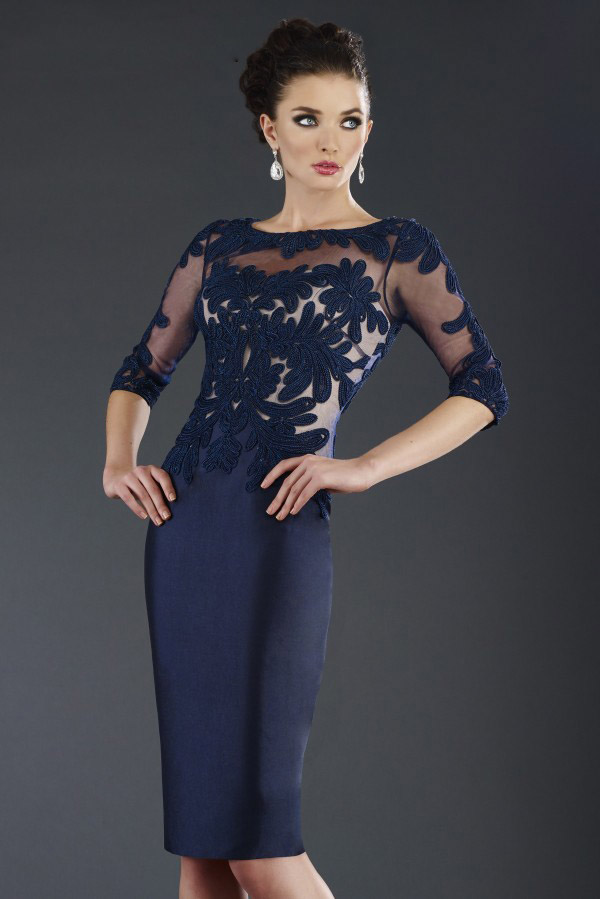 Navy Blue Janique Sheath Mother of The Bride Dresses Jewel Half Sleeve Lace Applique Wedding Guest Dress Knee Length Evening Gowns
