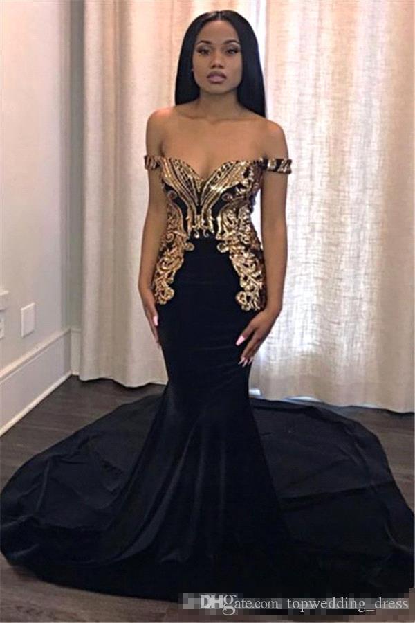 Elegant Black Gold Metal Appliqued Mermaid Prom Dresses Off The Shoulder Black Girls Formal Party Evening Gowns